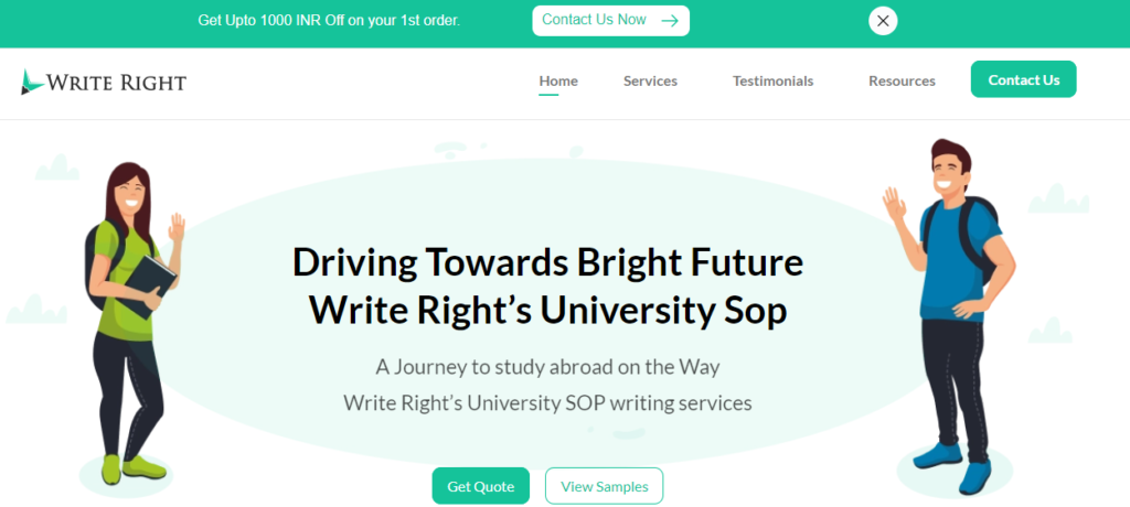 Write Right's Service landing page for SOP writing service